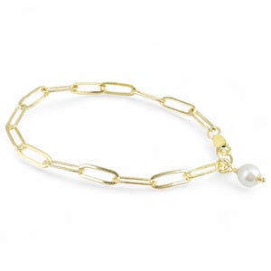 Freshwater Pearl Bracelet, Gold Paperclip Bracelet, Simple Gold Bracelet, Gold Filled Bracelet, 50th Wedding Anniversary, Bridal Bracelet