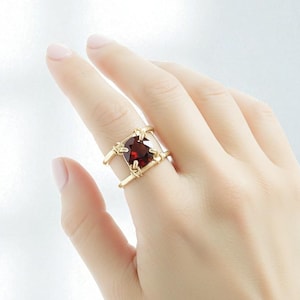 Gold Filled Double Band Ring: Simulated Garnet Gemstone