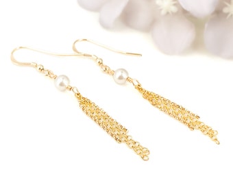 Faux Pearl Earrings, June Birthday, Swarovski Pearl Earrings, Fringe Earrings, Gold Tassel Earrings, Tassle Earrings