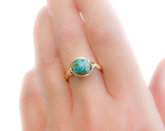 Gold Turquoise Ring, December Birthstone Ring, Genuine Turquoise Ring, Hammered Gold Ring, Swirl Ring, Wire Wrapped Turquoise, Mom Gift