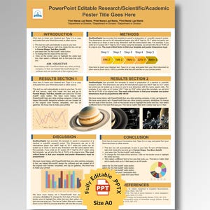 Puede incluir: Una plantilla de póster de investigación editable en PowerPoint con un diseño en color tostado y blanco. Incluye secciones para introducción, métodos, resultados, discusión y conclusión, con gráficos, una imagen de un planeta y una insignia amarilla con la etiqueta Fully Editable PPT Size A0.