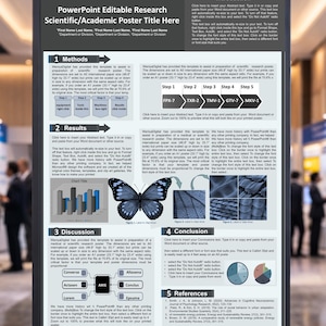 Könnte beinhalten: Ein wissenschaftliches Poster mit dem Titel "PowerPoint Editable Research Scientific/Academic Poster Title Here". Das Poster enthält Abschnitte für Methoden, Ergebnisse, Diskussion, Schlussfolgerung und Referenzen. Es zeigt Diagramme, ein Schmetterlingsbild und Textfelder.