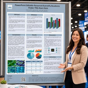 Puede incluir: Una mujer está de pie junto a un gran póster con el título "PowerPoint Editable Research/Scientific/Academic Poster Title Goes Here". El póster incluye secciones para resumen, métodos, resultados y discusión, con gráficos.