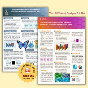 May include: Two A1 size PowerPoint research poster designs. The posters have a blue and pink color scheme with text and graphics. The dimensions are 59.4 x 84.1 cm. The posters are fully editable .PPT files.