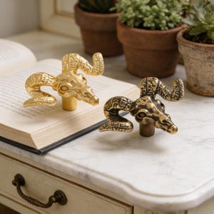 Puede incluir: Dos tiradores de armario con cabeza de carnero en tono latón, con cuernos y caras detalladas. Uno es dorado, el otro es bronce. Se encuentran sobre una superficie de mármol blanco junto a un libro abierto. Herrajes decorativos.