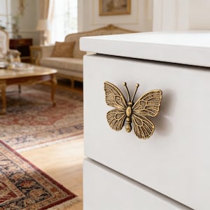 Può includere: Primo piano di un mobile bianco con una maniglia decorativa a forma di farfalla. La maniglia è in metallo color bronzo e ha la forma di una farfalla con motivi alari dettagliati. Il mobile si trova in una stanza dal design classico.