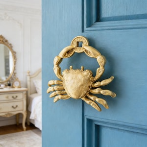May include: A gold-colored crab-shaped door knocker mounted on a light blue door. The knocker features a detailed crab design with a coin-shaped handle. The door is part of a room with a classic style.