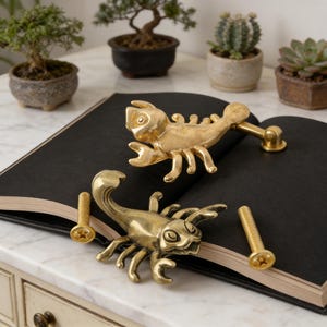 Tirador y gancho de puerta de latón con diseño de escorpión pequeño: decoración artesanal inspirada en insectos, regalo ideal para inauguración de casa, estilo cálido y natural.