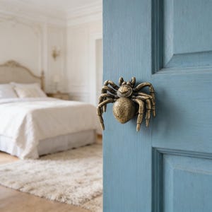 Op de afbeelding: Een bronzen spinnen deurbel op een lichtblauwe deur. De spin heeft een lachend gezicht en gedetailleerde poten. De achtergrond toont een slaapkamer met een wit bed en vloerkleed.