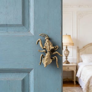 May include: A brass-colored insect-shaped door knocker mounted on a weathered, light blue wooden door. The door is slightly ajar, revealing a glimpse of a bedroom with a lamp and bed.