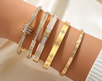 Gold and Silver Stackable Bangle Set – Crystal and Roman Numeral Cuffs