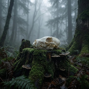Puede incluir: Un cráneo de animal blanco descansa sobre un tocón cubierto de musgo en un bosque brumoso. El cráneo está en el centro, con cuencas oculares y dientes visibles. La escena está rodeada de árboles altos y helechos, creando una estética natural y misteriosa.