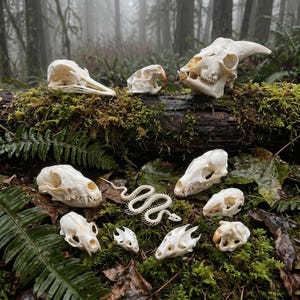 May include: A collection of various animal skulls and a snake skeleton arranged on a mossy forest floor. The assortment includes multiple small mammal skulls, a larger horned skull, and a long, winding snake vertebral column with ribs.