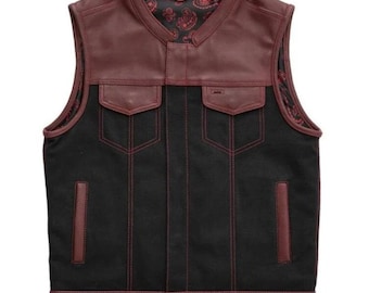 Men's Leather and Denim Biker Vest – Two-Tone Motorcycle Riding Waistcoat