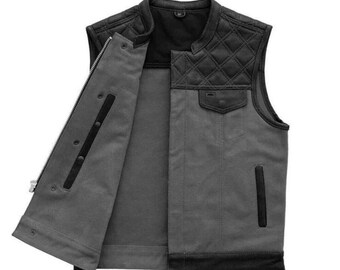 Débardeur homme en cuir matelassé et denim, style motard gothique steampunk