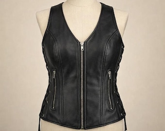 Women’s Black Leather Vest - Side Lace Motorcycle Biker Vest - Slim Fit Leather Waistcoat with Zipper Pockets - Adjustable Corset Style Top