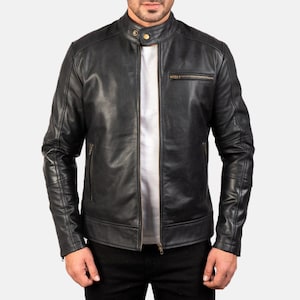 Herren Bikerjacke aus schwarzem Rindsleder, echte handgefertigte Streetwear