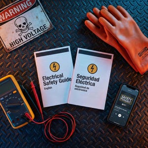 May include: An assortment of electrical safety equipment and resources. Includes a multimeter, electrical safety guides in English and Spanish, orange rubber gloves, a smartphone playing a safety podcast, and a warning sign.
