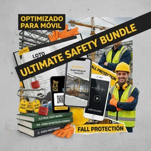 May include: An advertisement for an Ultimate Safety Bundle. The image includes smartphones, safety manuals, orange gloves, a hard hat, and two workers wearing safety vests. The text includes "Ultimate Safety Bundle", "All Protection", and "Fall Protection".