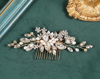Artisan Gold Bridal Hair Comb with Pearls & Rhinestones, Handmade Sparkle Crystal Bridal Headpiece, Luxury Bridal Hair Jewelry Gold Silver