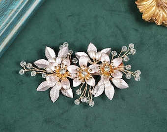 Metal Flower & Crystal Leaf ridal Hair Clip, Rose Gold Pearl Wedding Hair Clip, Luxury Bridal Hairpiece for Updo Hairstyles and Anniversary