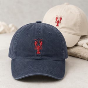 NWT Navy Baseball Cap with Red Embroidered Lobster Motif Navy Lobster Golf Hat – Sunshine Tienda® main image 3