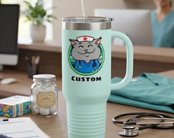 Taza de viaje personalizada de 40 oz con ilustración de gato y enfermera veterinaria / Vaso térmico