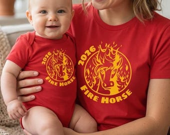 Camiseta Cavalo de Fogo do Zodíaco Chinês 2026 - Conjuntos combinando para mãe e bebê