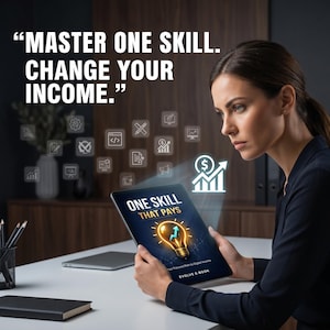 Può includere: Una donna guarda un tablet con il testo "ONE SKILL THAT PAYS" e lo slogan "Your Focused Path to Digital Income". L'immagine include anche il testo "MASTER ONE SKILL. CHANGE YOUR INCOME."