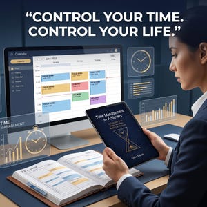 May include: A woman in a navy blue suit reviews a planner and tablet with the text "Time Management for Achievers." A computer screen displays a calendar with the text "Control Your Time. Control Your Life."