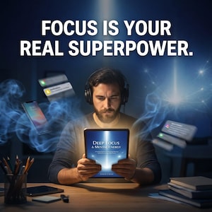 Può includere: Un uomo con le cuffie è concentrato su un tablet che mostra il libro "Deep Focus & Mental Energy". L'immagine presenta il testo "FOCUS IS YOUR REAL SUPERPOWER". Sono visibili anche uno smartphone e notifiche fluttuanti.