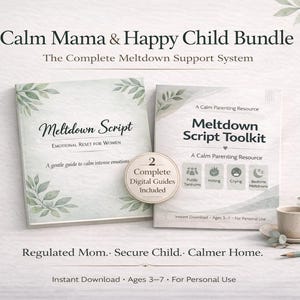May include: Image of two books titled "Meltdown Script" and "Meltdown Script Toolkit" with the text "Calm Mama & Happy Child Bundle". A cup of coffee and a pencil are also visible. The books are designed to help parents and children.