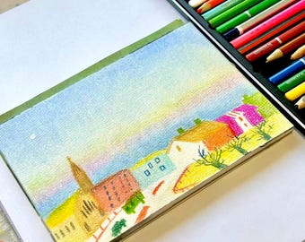 Colorful Cityscape Art Print, Textured Impressionist Town Illustration, gift，birthday，Limited Edition (A4 Mount)
