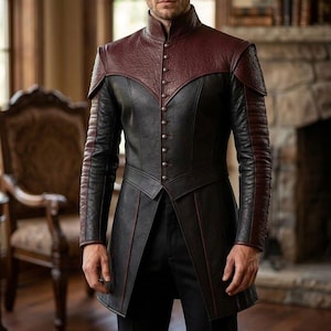 Men's Black Burgundy Gothic Leather Coat Medieval Fantasy Warrior Jacket Costume