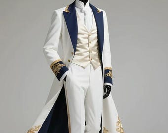 May include: A white long coat with navy blue lapels and cuffs featuring gold embroidery, paired with a cream-colored vest with gold buttons, a white cravat, and white trousers with a gold side stripe, displayed on a black mannequin.