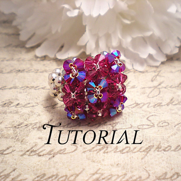 Tutorial PDF Right Angle Weave Swarovski Crystal Pillow Top Stretch Cocktail Ring, Instant Download