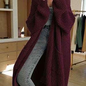 オーバーサイズロングニットカーディガン | レディース チャンキーニット オープンハンドメイド | 着心地の良いコート 冬用セータージャケット