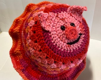 Sofort lieferbar häkeln Smiley Schweinchen Bucket Hat Handmade Beanie Toque Oma Streifen Bucket Hat Häkelhut