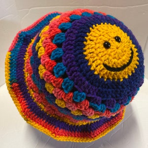 Ready to Ship Crochet Smiley Face Bucket Hat Handmade Beanie Toque Granny Stripe Bucket Hat Crochet Hat