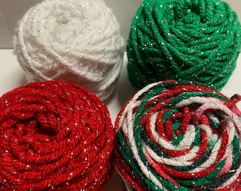 Sparkly Little Yarn Cakes Christmas Collection Metallic (4) 1oz 28g for Crafts, Knitting, Crochet Scrap Yarn Projects, Dolls, Weaving
