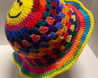 The Smiley Granny Scrappy Crochet Bucket Hat PATTERN #13 (available for free, details below)