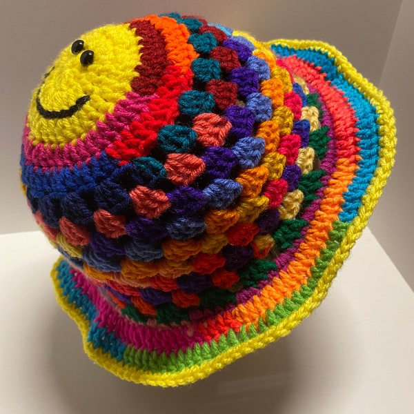 The Smiley Granny Scrappy Crochet Bucket Hat PATTERN #13 (available for free, details below)