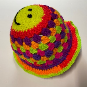 Toddler Size Ready to Ship Crochet Smiley Face Bucket Hat Handmade Beanie Toque Granny Stripe Bucket Hat Crochet Hat