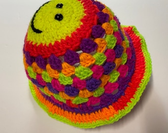 Toddler Size Ready to Ship Crochet Smiley Face Bucket Hat Handmade Beanie Toque Granny Stripe Bucket Hat Crochet Hat