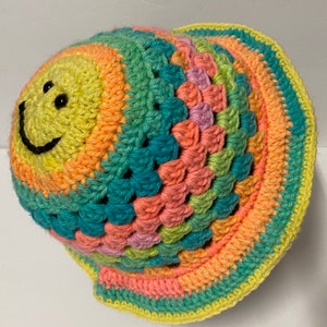 Child Size Ready to Ship Crochet Smiley Face Bucket Hat Handmade Beanie Toque Granny Stripe Bucket Hat Crochet Hat