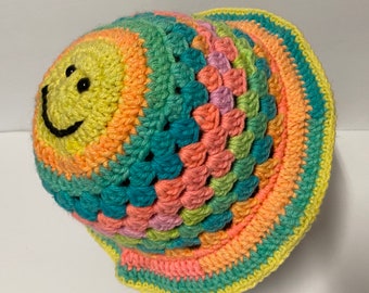 Child Size Ready to Ship Crochet Smiley Face Bucket Hat Handmade Beanie Toque Granny Stripe Bucket Hat Crochet Hat