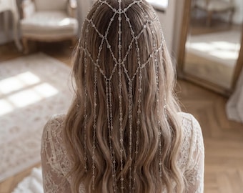 Cadena para el cabello de novia con borla de cristal y diamantes de imitación / Tocado elegante para bodas / Joyería llamativa para la novia
