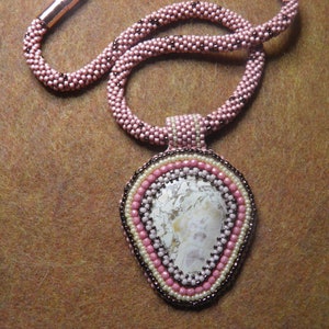 Peachy creamy bead embroidered cab w/peach bead crochet rope necklace & copper mag clasp