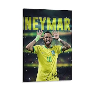 May include: A canvas print of Neymar, a footballer, wearing a yellow jersey with the number 10. The word "NEYMAR" is displayed in large, yellow letters above the player. Neymar is making a playful face, with his tongue out and fingers near his head.