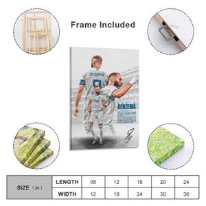 Może przedstawiać: Oprawiony wydruk na pł&oacute;tnie z trzema zdjęciami piłkarza w białej koszulce z nazwiskiem "Benzema" i jego podpisem. Wydruk zawiera tekst "Frame Included" i opcje rozmiaru w cm.